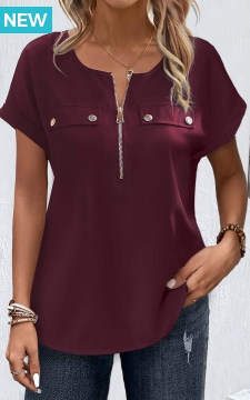 Dark Reddish Purple Zipper Short Sleeve Blouse