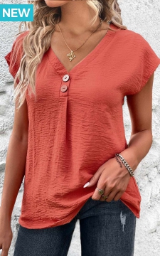 Coral Button Short Sleeve V Neck Blouse