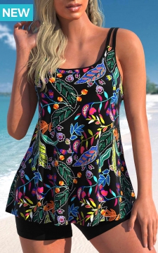Scoop Neck Floral Print Black Tankini Top