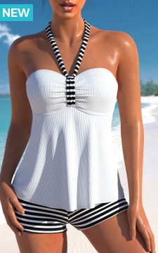 Drawstring High Waisted Striped White Tankini Set