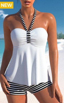 Drawstring High Waisted Striped White Tankini Set