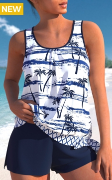 Patchwork Mid Waisted Tropical Plants Print Tankini Set