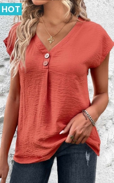 Coral Button Short Sleeve V Neck Blouse