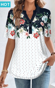 Navy Button Floral Print Short Sleeve Blouse
