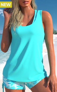 Three-piece High Waisted Leaf Print Cyan Tankini Set