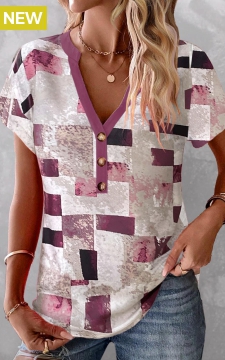 Multi Color Button Geometric Print T Shirt