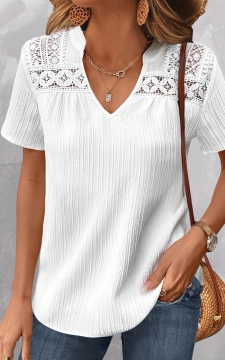White Lace Short Sleeve Split Neck Blouse