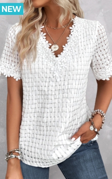 White Embroidery Short Sleeve V Neck Blouse
