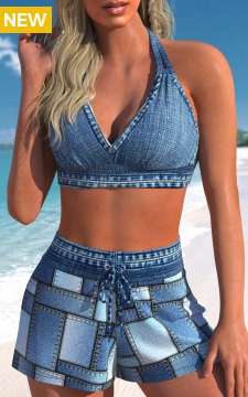 Tie High Waisted Denim Blue Bikini Set
