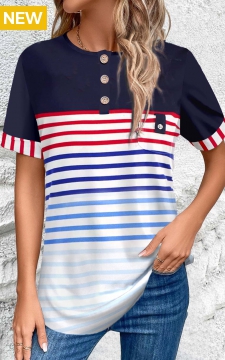 Multi Color Button Striped Short Sleeve Blouse
