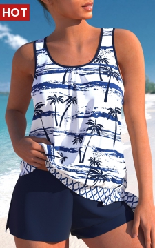 Patchwork Mid Waisted Tropical Plants Print Tankini Set