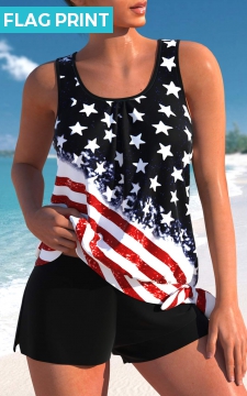 Black Bowknot Mid Waisted American Flag Print Tankini Set