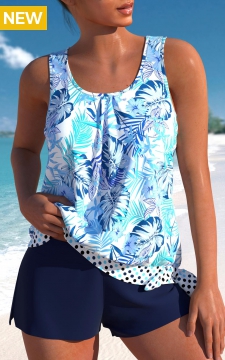 Bowknot High Waisted Floral Print Blue Tankini Set