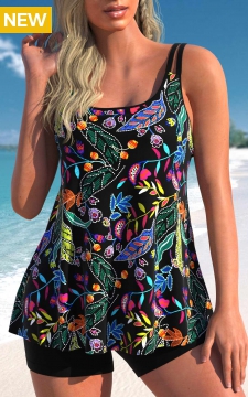Scoop Neck Floral Print Black Tankini Top