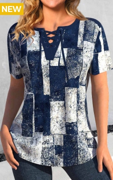 Navy Lace Up Geometric Print Short Sleeve Blouse