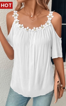 White Patchwork Half Sleeve Scoop Neck Blouse