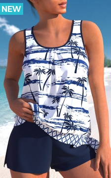 Patchwork Mid Waisted Tropical Plants Print Tankini Set