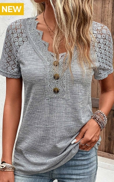 Grey Lace Short Sleeve V Neck T Shirt