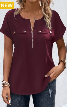 Dark Reddish Purple Zipper Short Sleeve Blouse