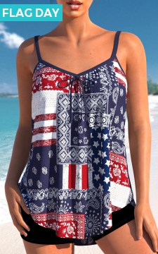 Patchwork American Flag Print Multi Color Tankini Top