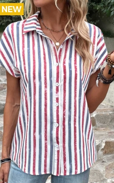 Multi Color Button Striped Short Sleeve Blouse