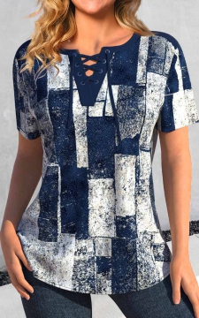 Navy Lace Up Geometric Print Short Sleeve Blouse