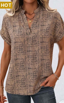 Light Coffee Split Geometric Print Short Sleeve Blouse
