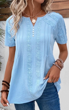 Light Blue Patchwork Short Sleeve Split Neck Blouse