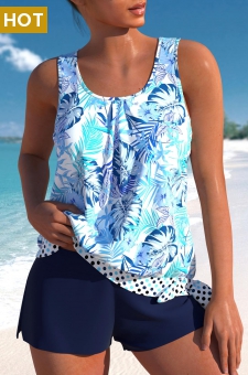 Bowknot High Waisted Floral Print Blue Tankini Set