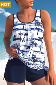 Patchwork Mid Waisted Tropical Plants Print Tankini Set