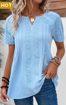 Light Blue Patchwork Short Sleeve Split Neck Blouse
