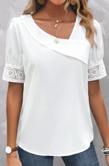 White Patchwork Short Sleeve Asymmetrical Neck Blouse