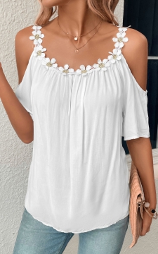 White Patchwork Half Sleeve Scoop Neck Blouse