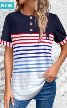 Multi Color Button Striped Short Sleeve Blouse
