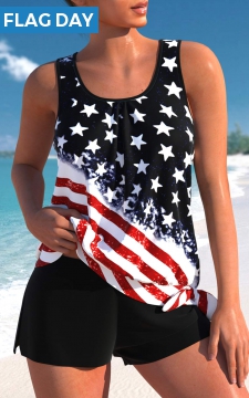 Black Bowknot Mid Waisted American Flag Print Tankini Set