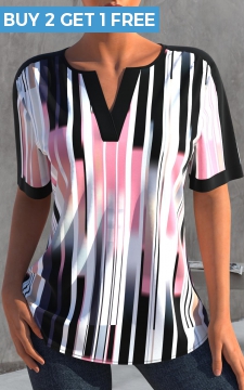 Split Neck Striped Color Block T Shirt