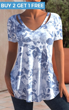 Floral Tie Dye Print Cutout Dusty Blue T Shirt