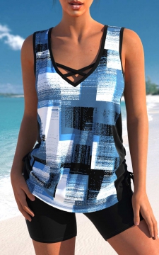 Criss Cross Geometric Print Denim Blue Tankini Top