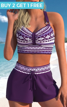 Metal Ring Tribal Print Purple Bikini Top