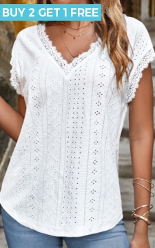 White Lace Short Sleeve V Neck T Shirt