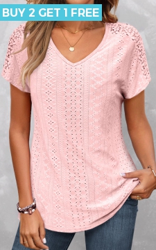 Pink Lace Short Sleeve V Neck T Shirt