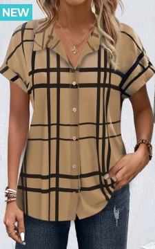 Dark Coffee Button Plaid Short Sleeve Blouse