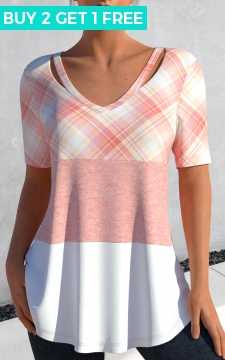 Light Pink Cut Out Plaid T Shirt