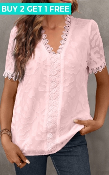 Pink Lace Short Sleeve V Neck Blouse