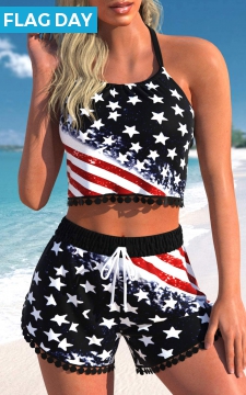 Drawstring Mid Waisted American Flag Print Bikini Set