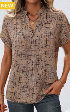 Light Coffee Split Geometric Print Short Sleeve Blouse