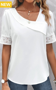 White Patchwork Short Sleeve Asymmetrical Neck Blouse