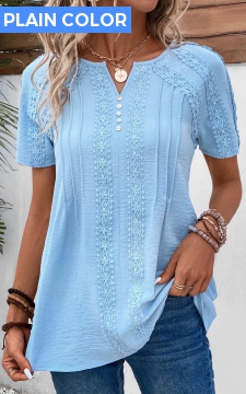 Light Blue Patchwork Short Sleeve Split Neck Blouse