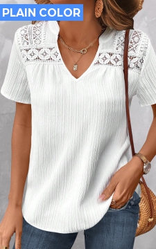 White Lace Short Sleeve Split Neck Blouse