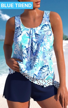Bowknot High Waisted Floral Print Blue Tankini Set